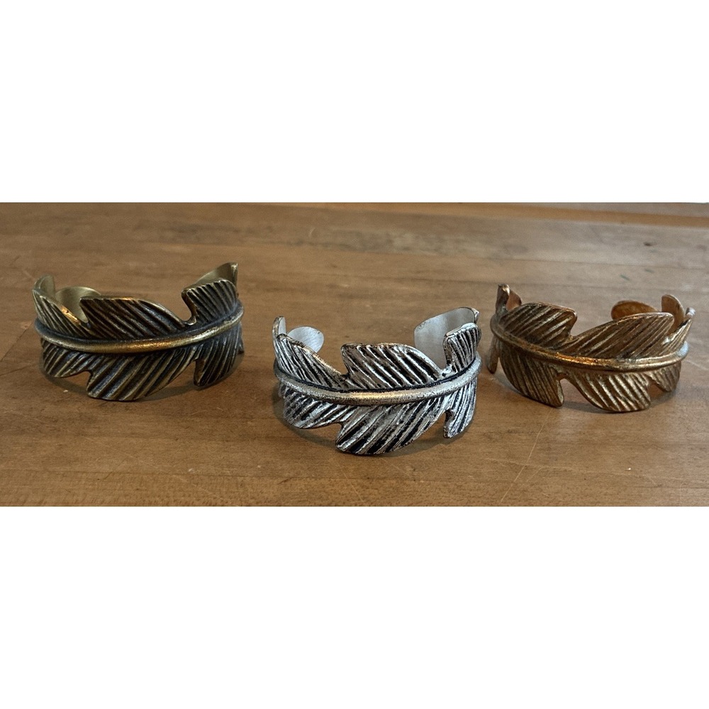 Rustic Cuff Set Of 3  Feather Western Cuffs Bracelet Antique Silver & Gold Tone